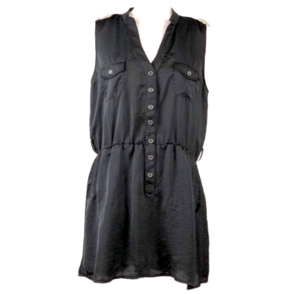 STUDIO Y Blouson V-Neck Sleeveless Lightweight Black Shirt Dress Pockets Y2k L